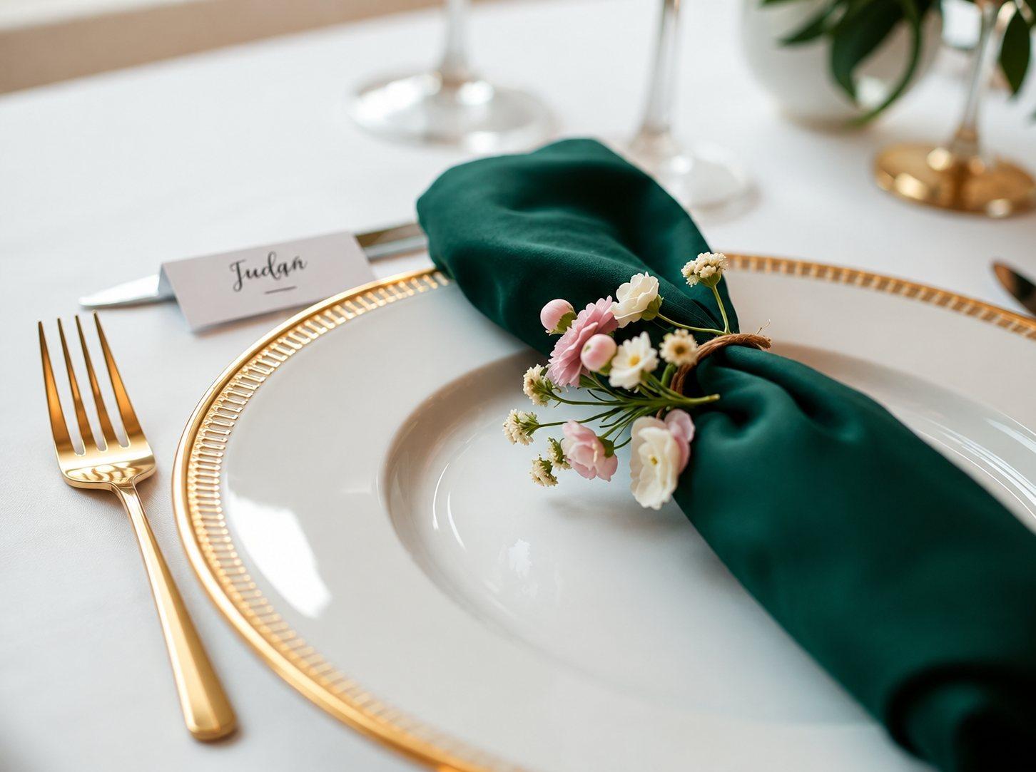 A place setting with a gold-rimmed plate, folded napkin and a small posy of flowers.